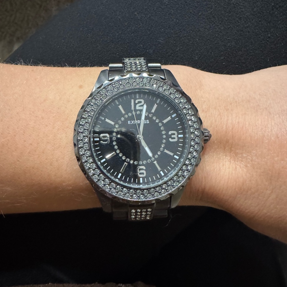 Express Black and Silver Crystal-Embellished Watch
